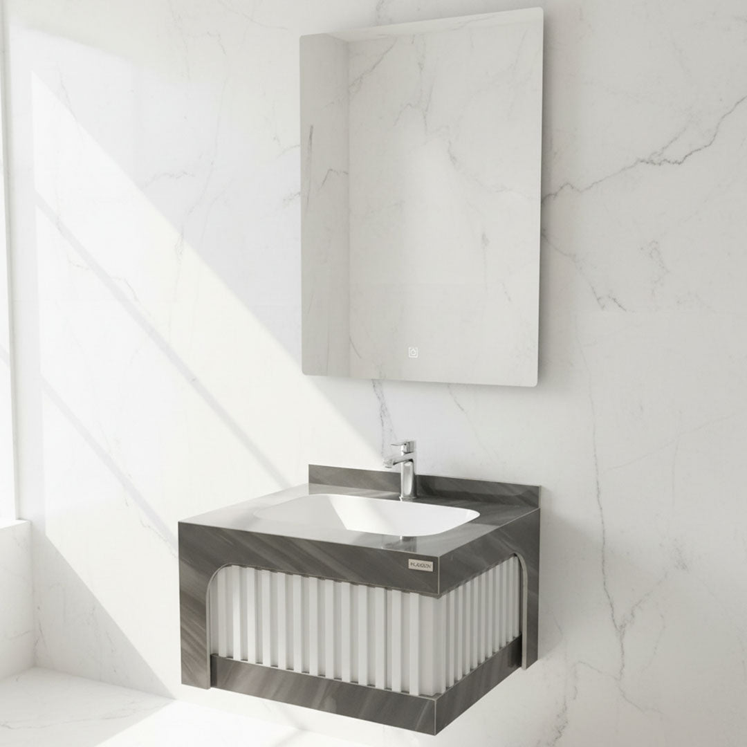 مغسلة بورسلان فلاقون 60 سم أبيض مع رمادي - حوض حمام فاخر موديل FL37