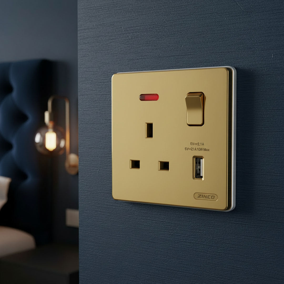 فيش كهرباء بمفتاح + منفذ USB ذهبي - موديل ZINCO/GD-Z2-K11Z