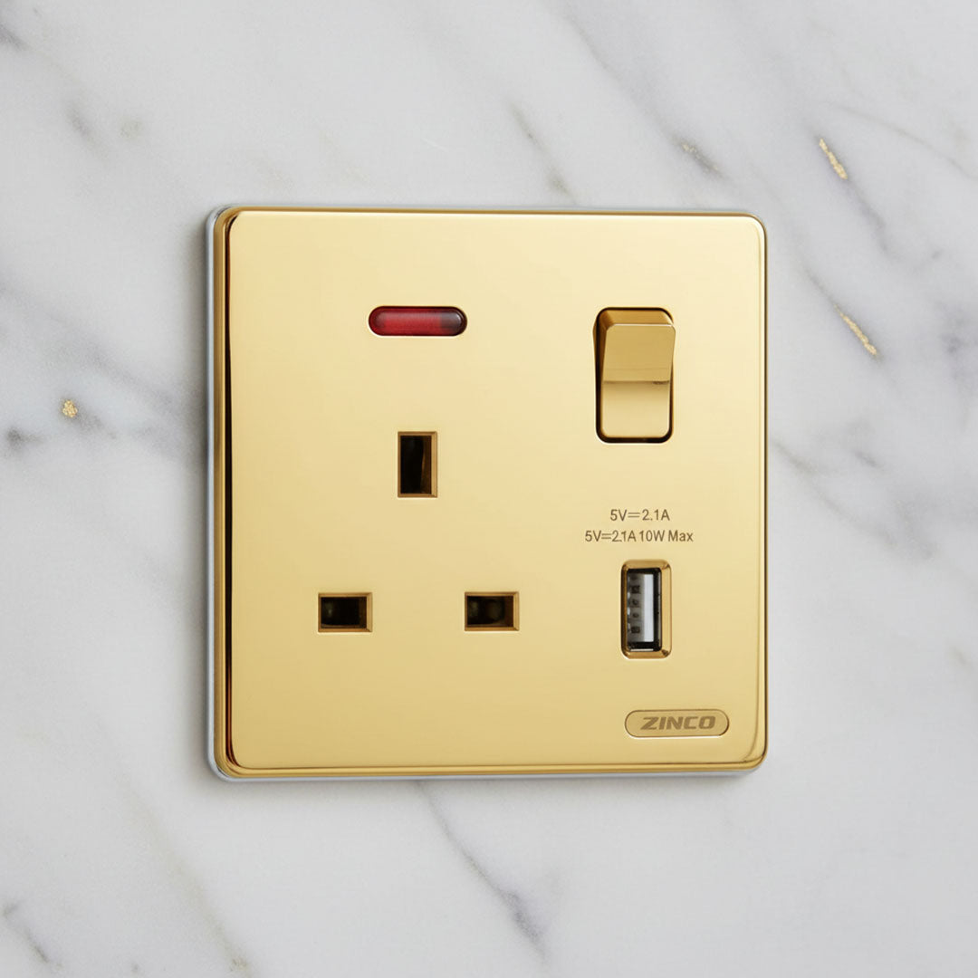 فيش كهرباء بمفتاح + منفذ USB ذهبي - موديل ZINCO/GD-Z2-K11Z