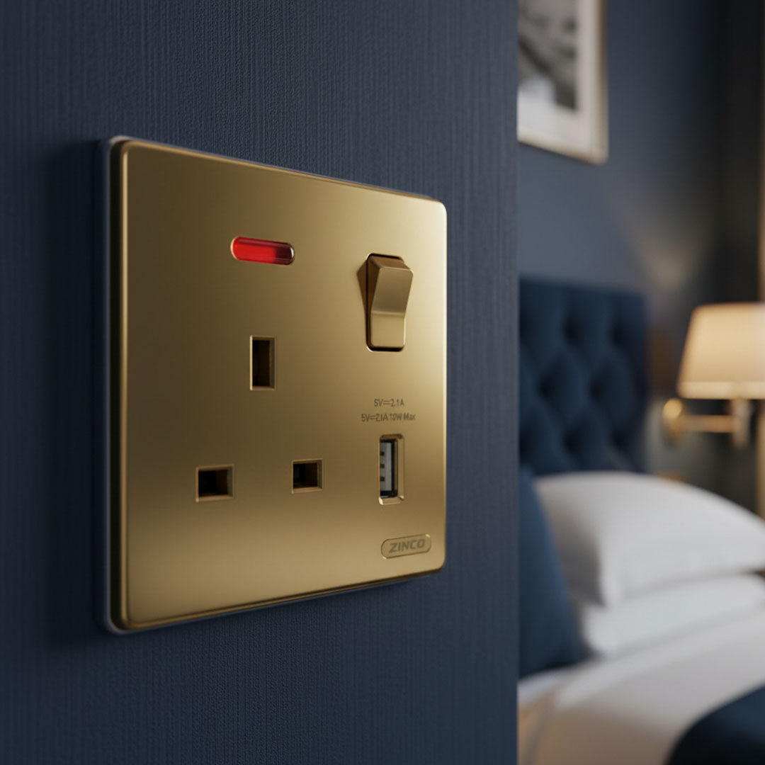 فيش كهرباء بمفتاح + منفذ USB ذهبي - موديل ZINCO/GD-Z2-K11Z